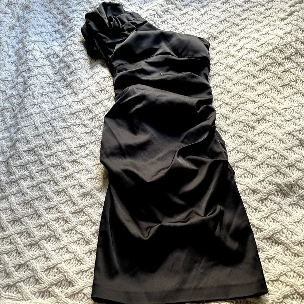 cache black dress one shoulder Cache One-Shoulder Black Fit & Flare Formal Cocktail Wedding Guest Dress Size 6